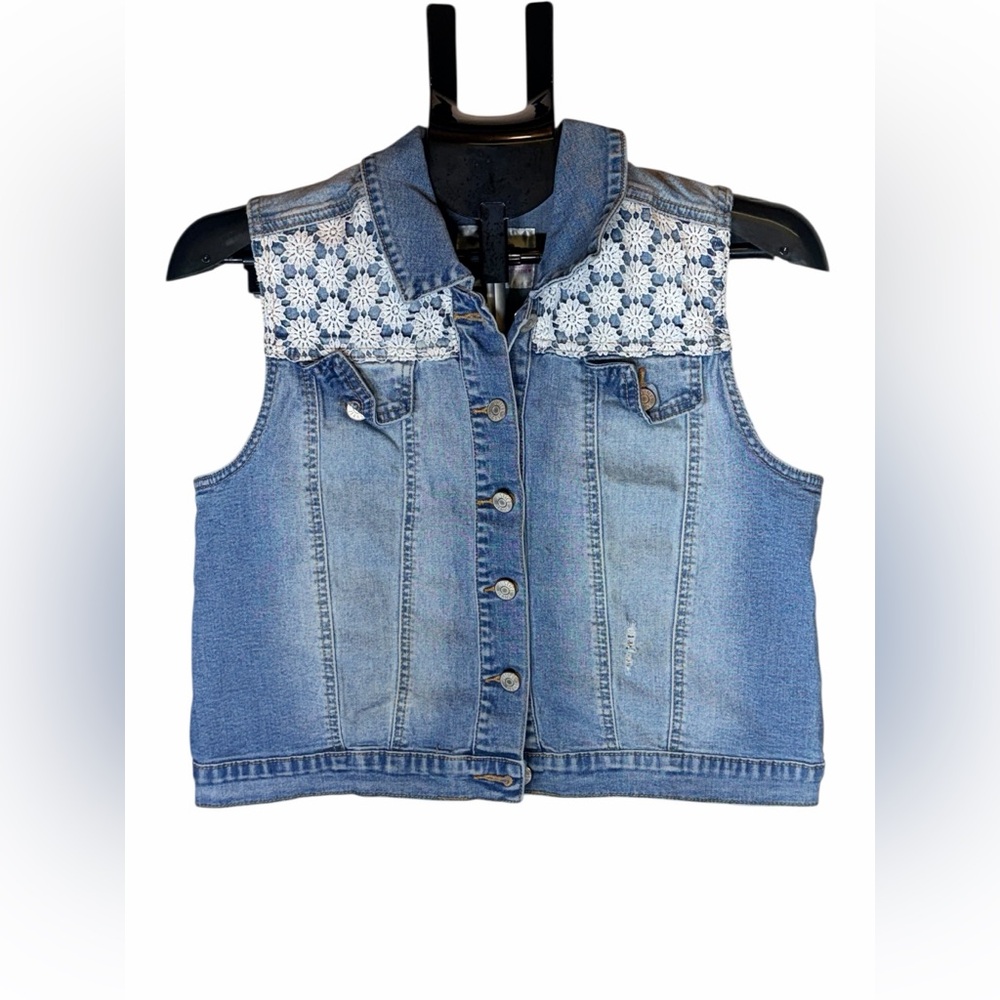 Justice Kids Blue Denim Vest with White Lace Size 14/16